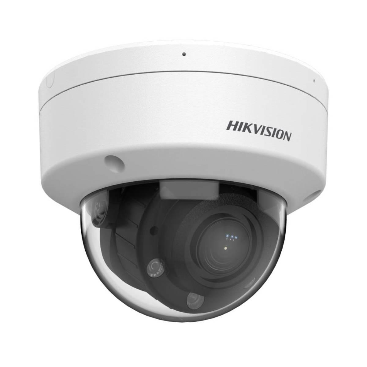 Beyaz bir Hikvision dome güvenlik kamerası. Yuvarlak tasarımlı, şeffaf bir kubbe ve içinde siyah bir kamera merceği var.