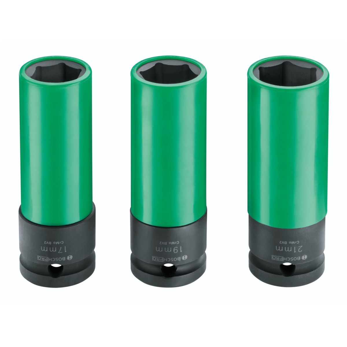 Drei grüne und schwarze Schlagschraubernüsse. Größen sind 17mm, 19mm und 21mm, jeweils mit Bosch Pro beschriftet. Sie stehen auf weißem Grund.