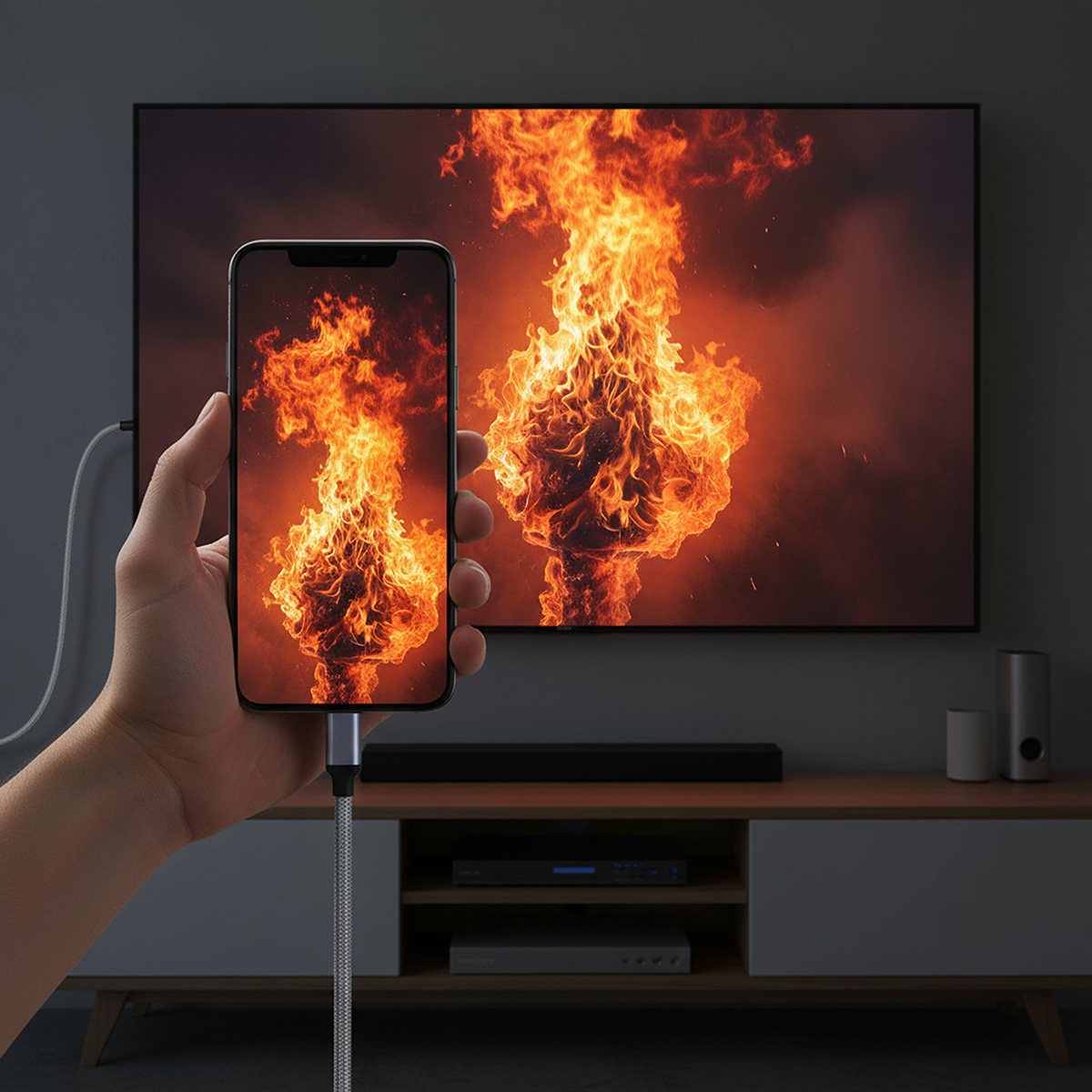 Telefon wyświetlający ogień jest podłączony do telewizora wyświetlającego ten sam obraz. Ręka trzyma telefon z kablem.