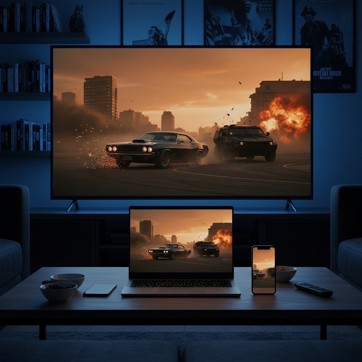 Telewizor, laptop i telefon pokazują pościg samochodowy z eksplozjami. Regały i plakaty w tle. Stolik kawowy z przekąskami.