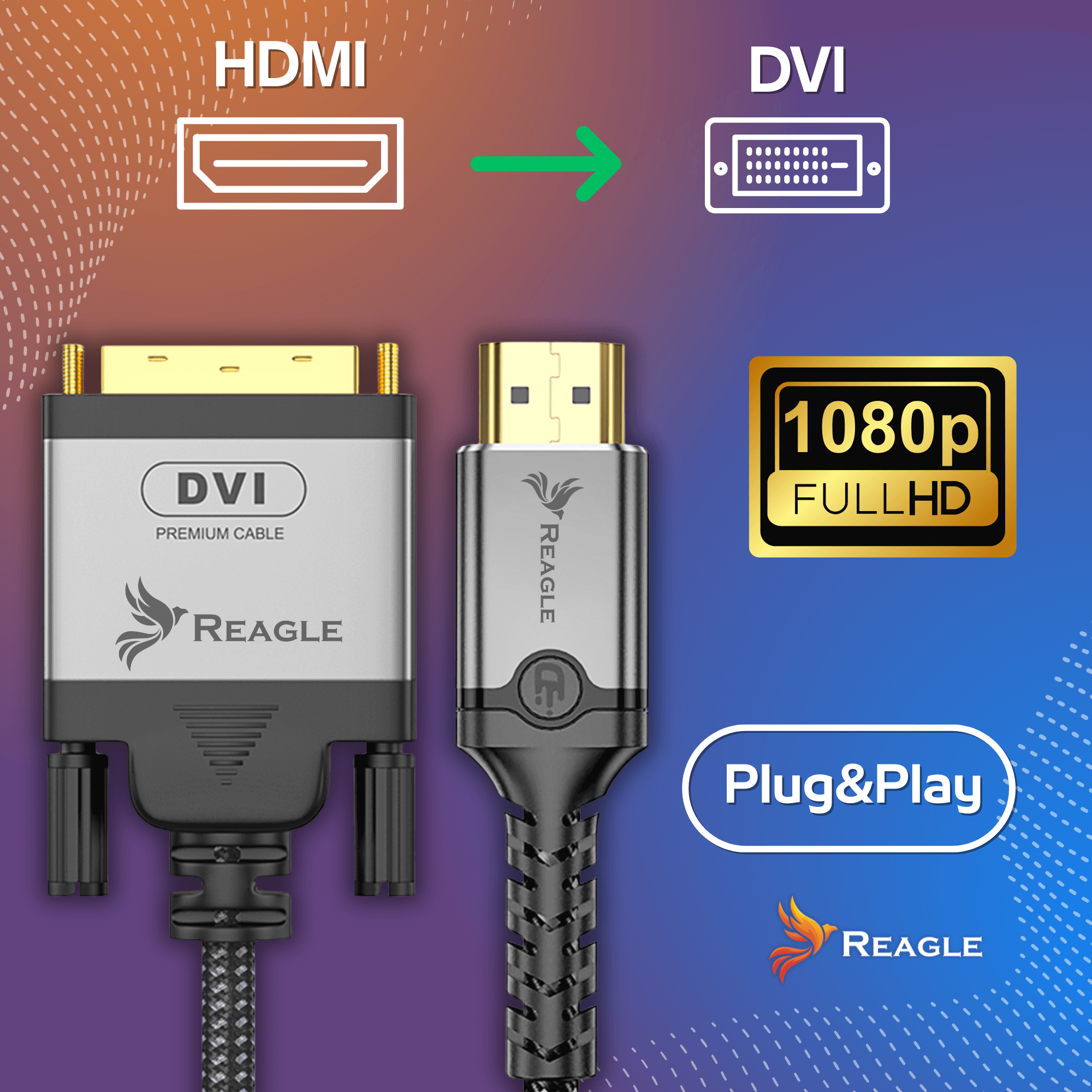 Obraz przedstawia kable DVI i HDMI z logo i tekstem, w tym emblemat 1080p Full HD.