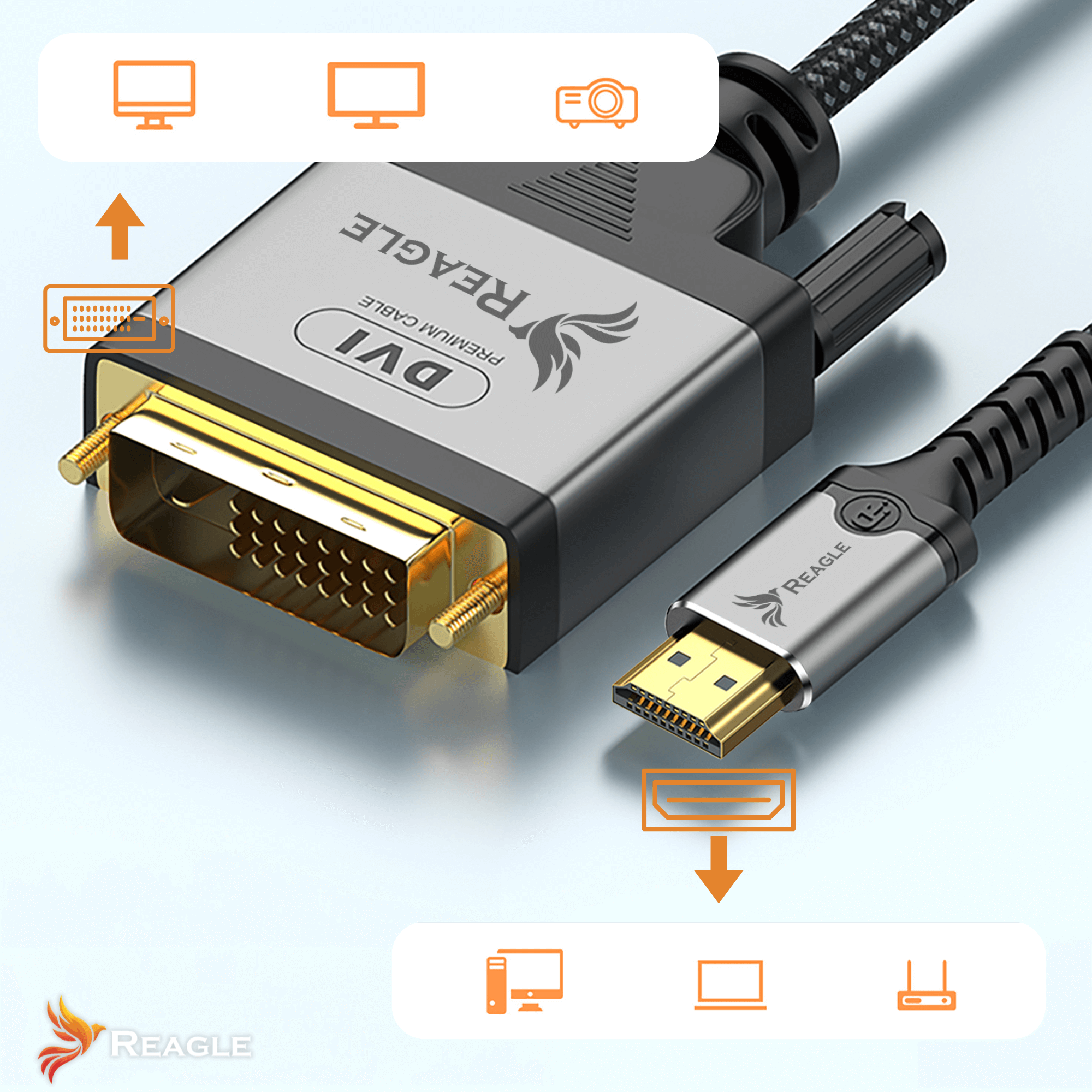 Kabel DVI do HDMI. Złącze DVI na górze, HDMI na dole. Złącza są srebrne i złote. Widoczny tekst i logo.