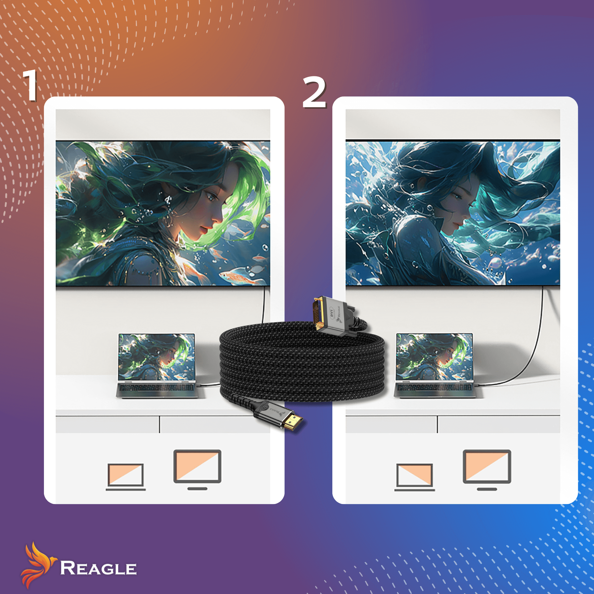 Dwa ekrany z grafiką fantasy, laptop i kabel je łączą. Laptop i ekrany znajdują się na białej powierzchni.