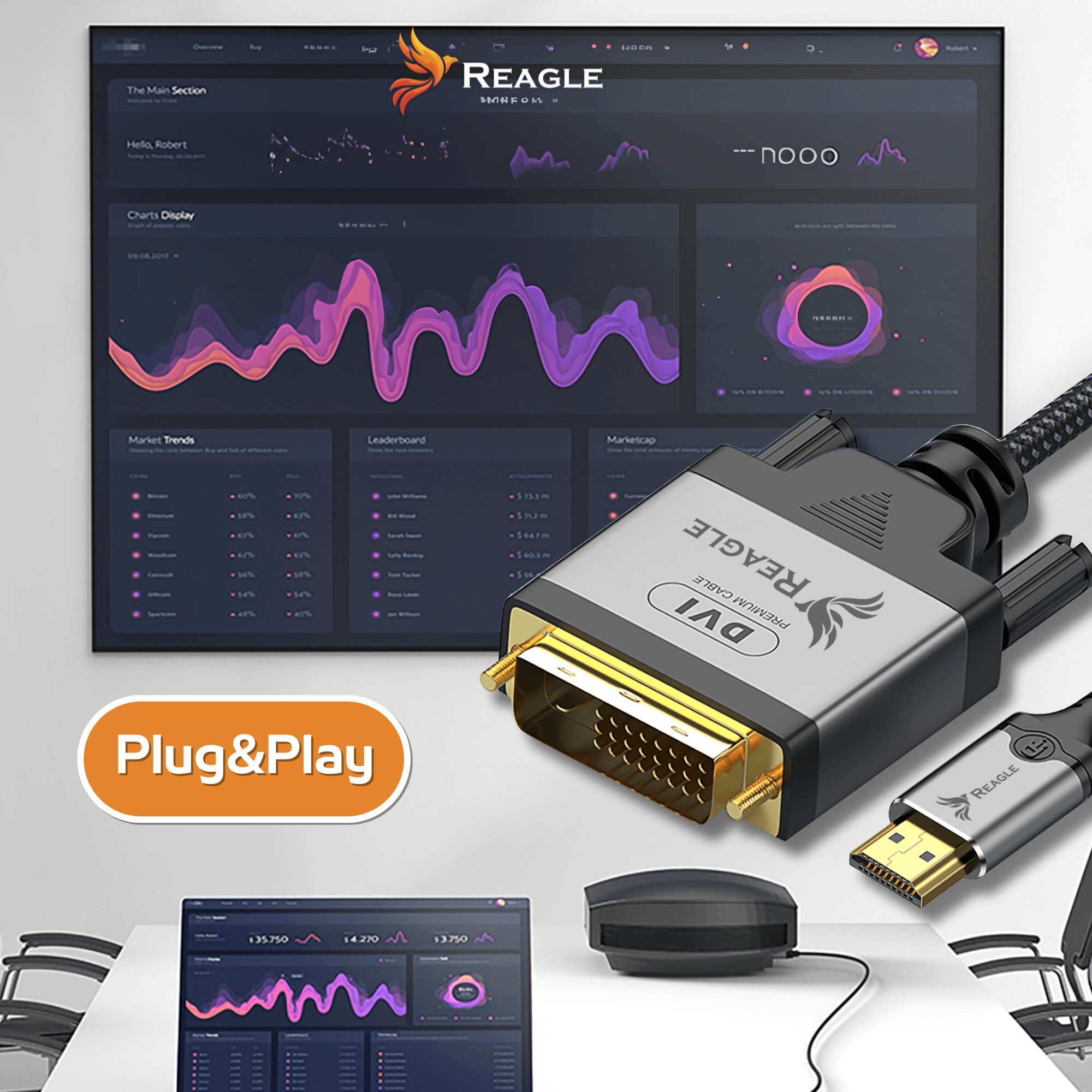 Kabel DVI i monitor wyświetlający wykresy. Tło przedstawia interfejs strony internetowej z wizualizacją danych.