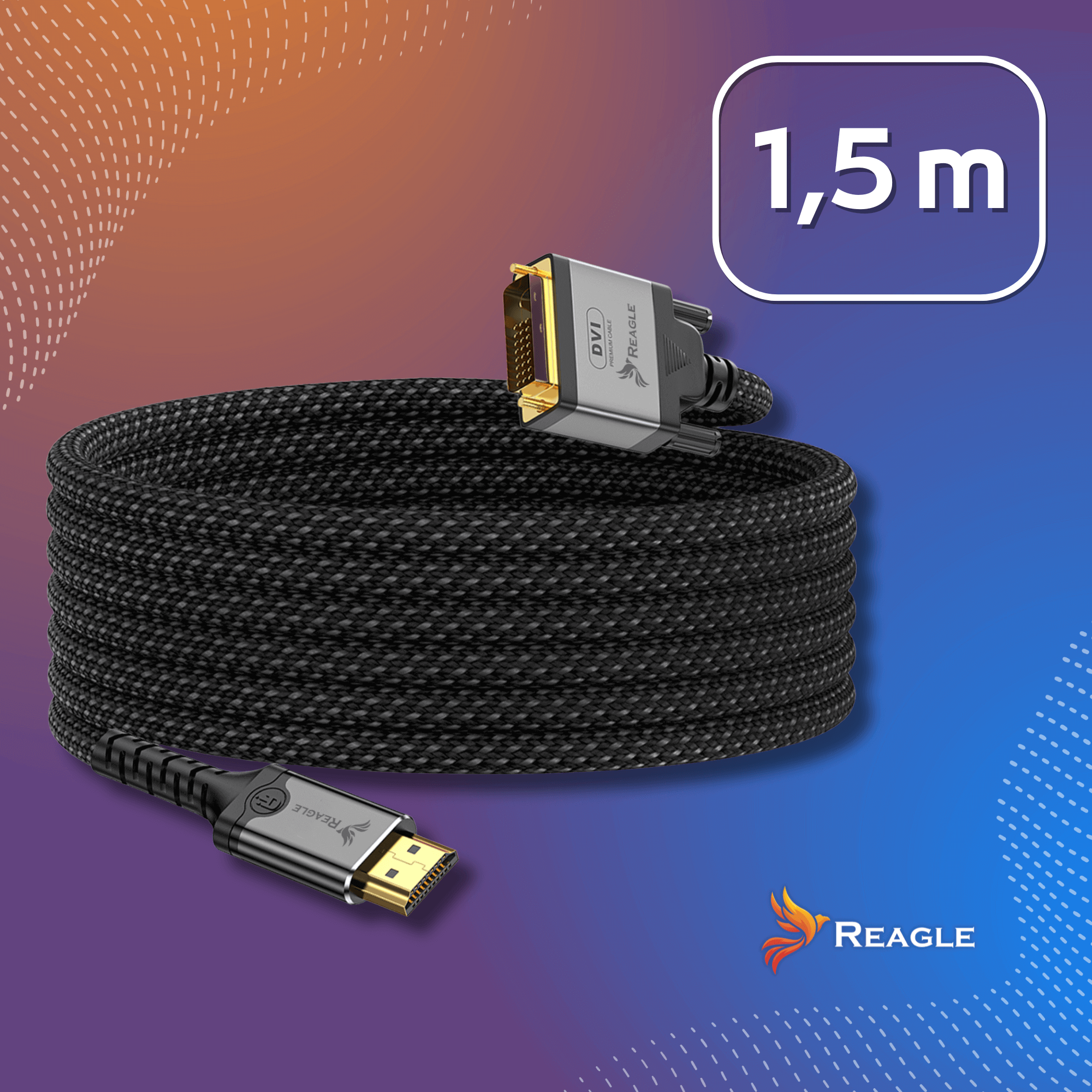 Zwinięty czarny kabel ze złączami DVI i HDMI. Kabel jest oznaczony jako 'Reagle' i ma etykietę 1,5 m w tle.