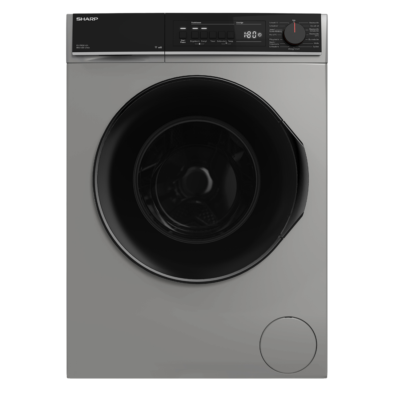 Graue Sharp Waschmaschine mit schwarzer Tür, Bedienfeld und Einstellrad. Die Anzeige zeigt '1:80'.