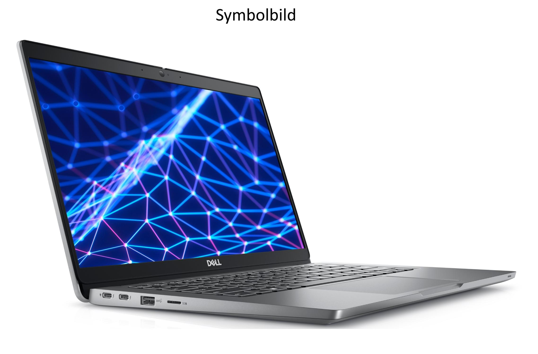 Ein silberner Dell-Laptop ist geöffnet und zeigt eine blaue und violette Netzwerk Grafik vor weißem Hintergrund.