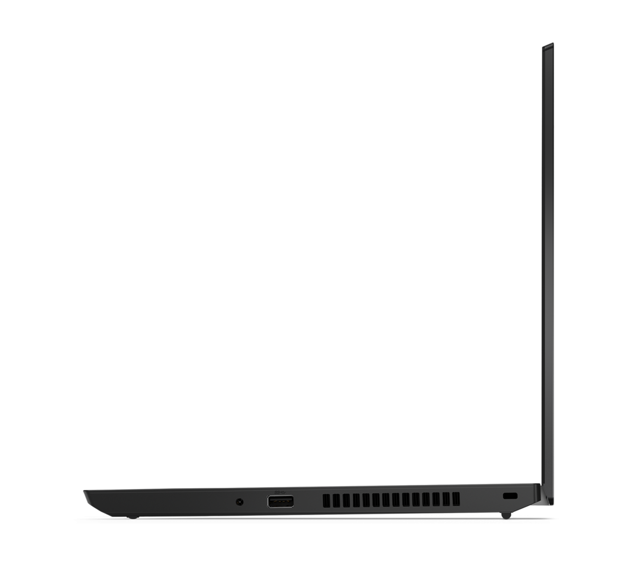 Seitenansicht eines schwarzen Laptops. Zeigt die Seite mit Anschlüssen und Lüftungsschlitzen, der Bildschirm ist geöffnet.