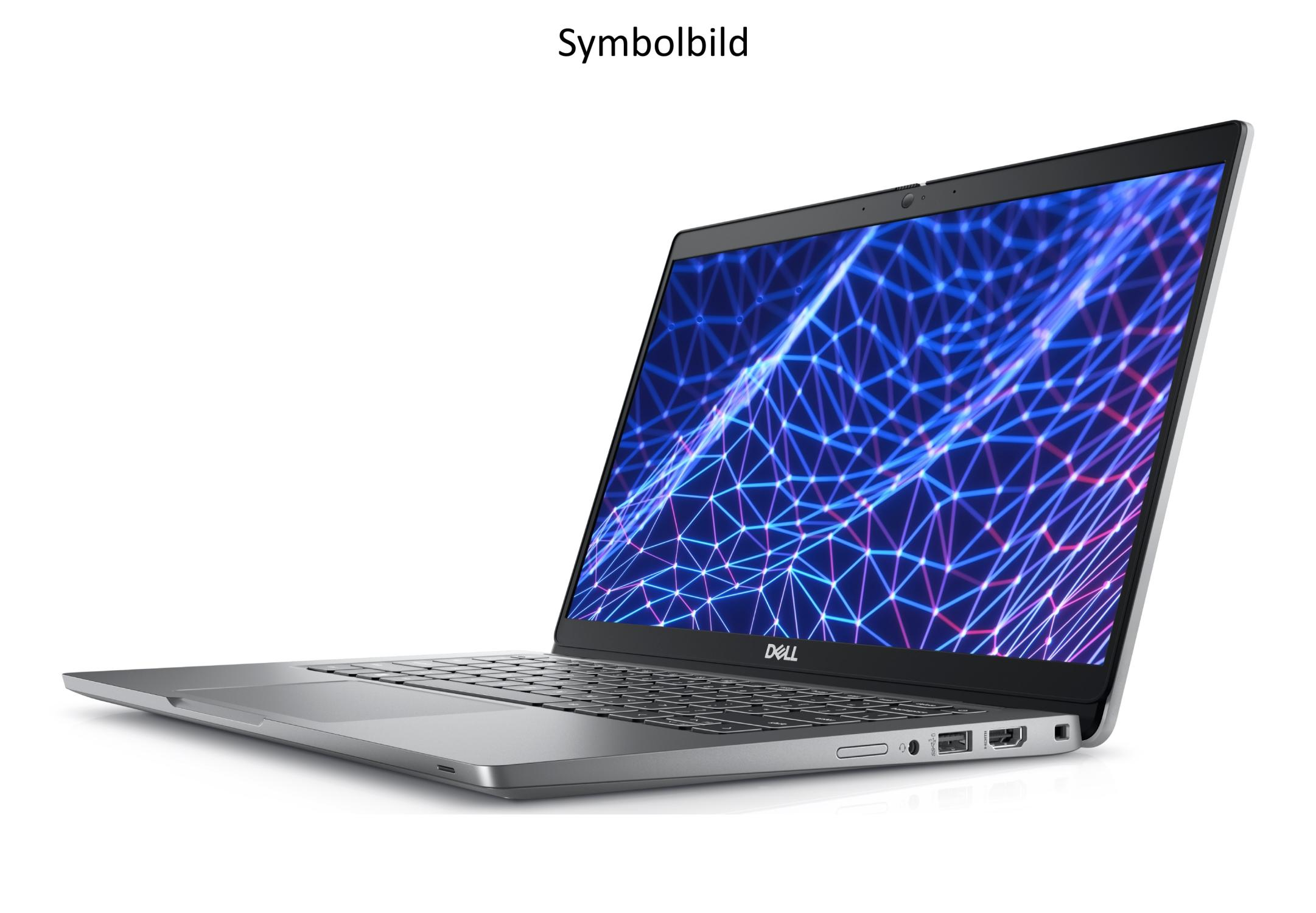 Ein silberner Laptop ist geöffnet und zeigt ein blau-violettes Netzwerk-Grafik auf dem Bildschirm. Das Dell-Logo ist sichtbar.