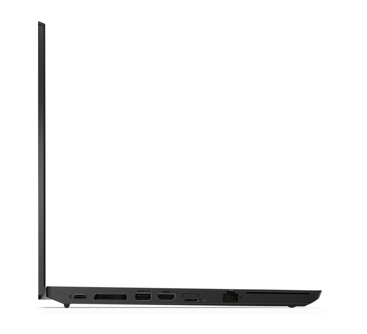 Seitenansicht eines schwarzen Laptops. Anschlüsse wie USB-C, HDMI und ein SD-Kartensteckplatz sind sichtbar. Der Hintergrund ist schwarz.
