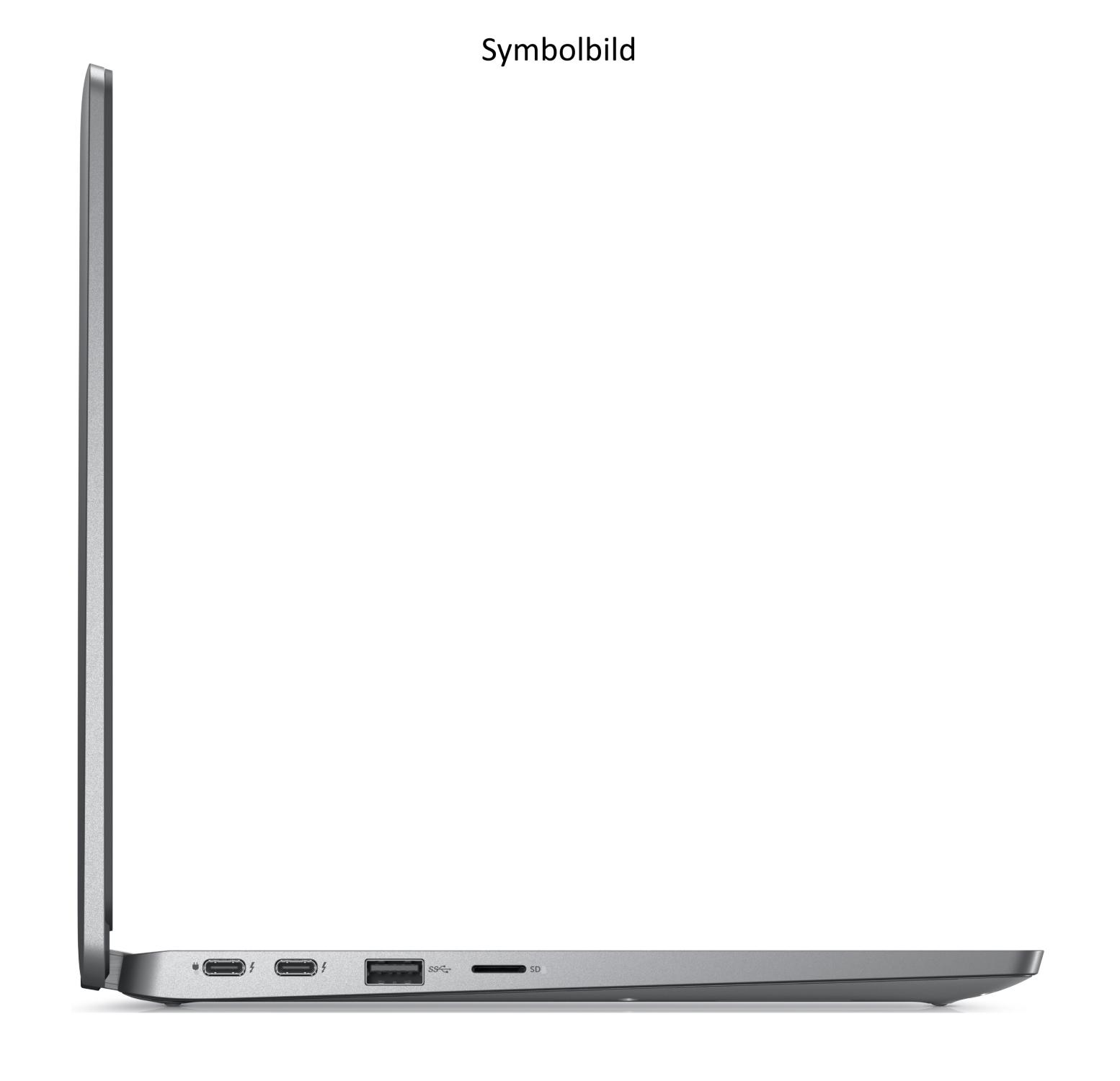 Seitenansicht eines grauen Laptops mit Anschlüssen und Bildschirm. Der Hintergrund ist weiß.