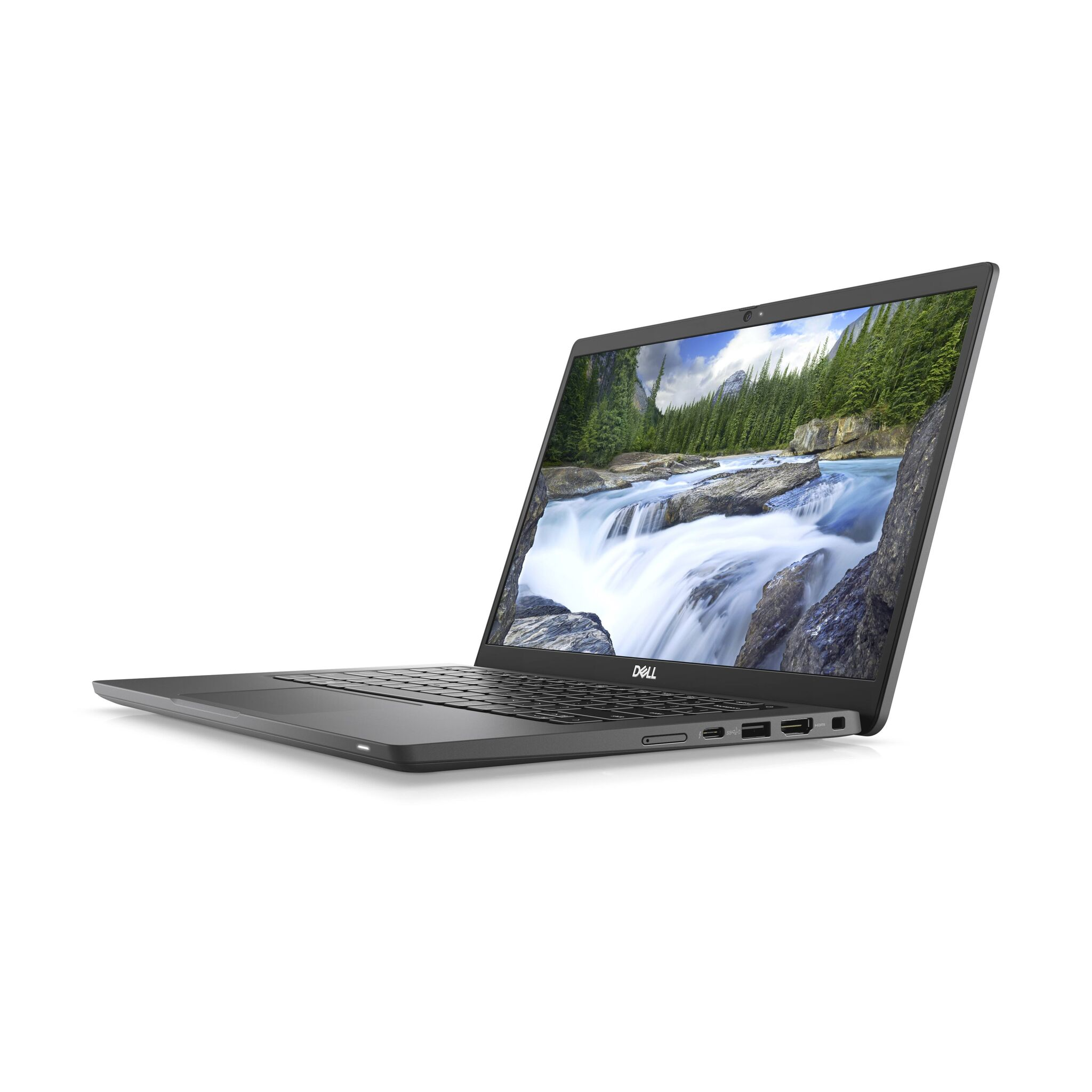 Ein grauer Dell-Laptop ist geöffnet und zeigt eine Wasserfallszene. Der Laptop befindet sich auf einer weißen Oberfläche.