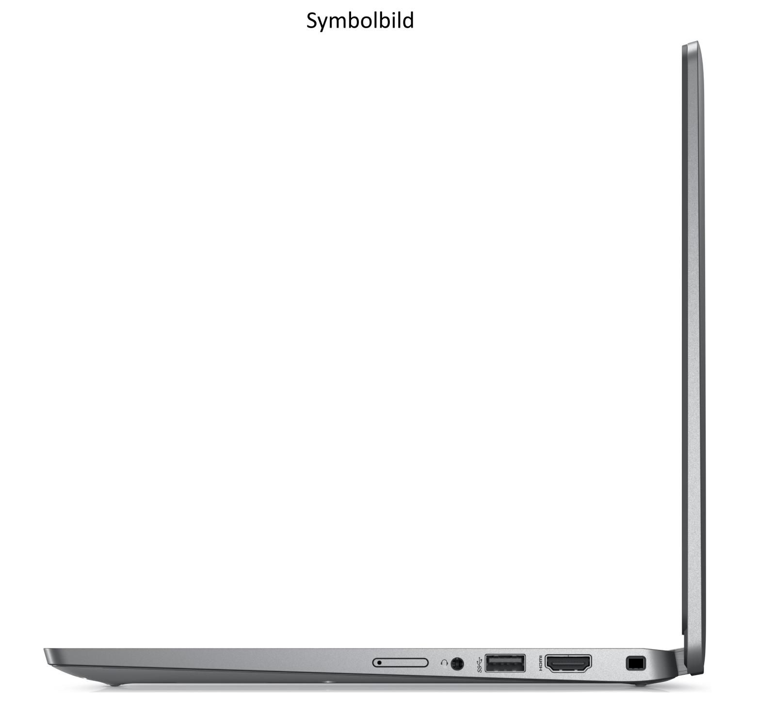 Seitenansicht eines grauen Laptops mit Anschlüssen, einem Einschalter und dem Rand des Bildschirms. Der Laptop steht auf weißem Hintergrund.