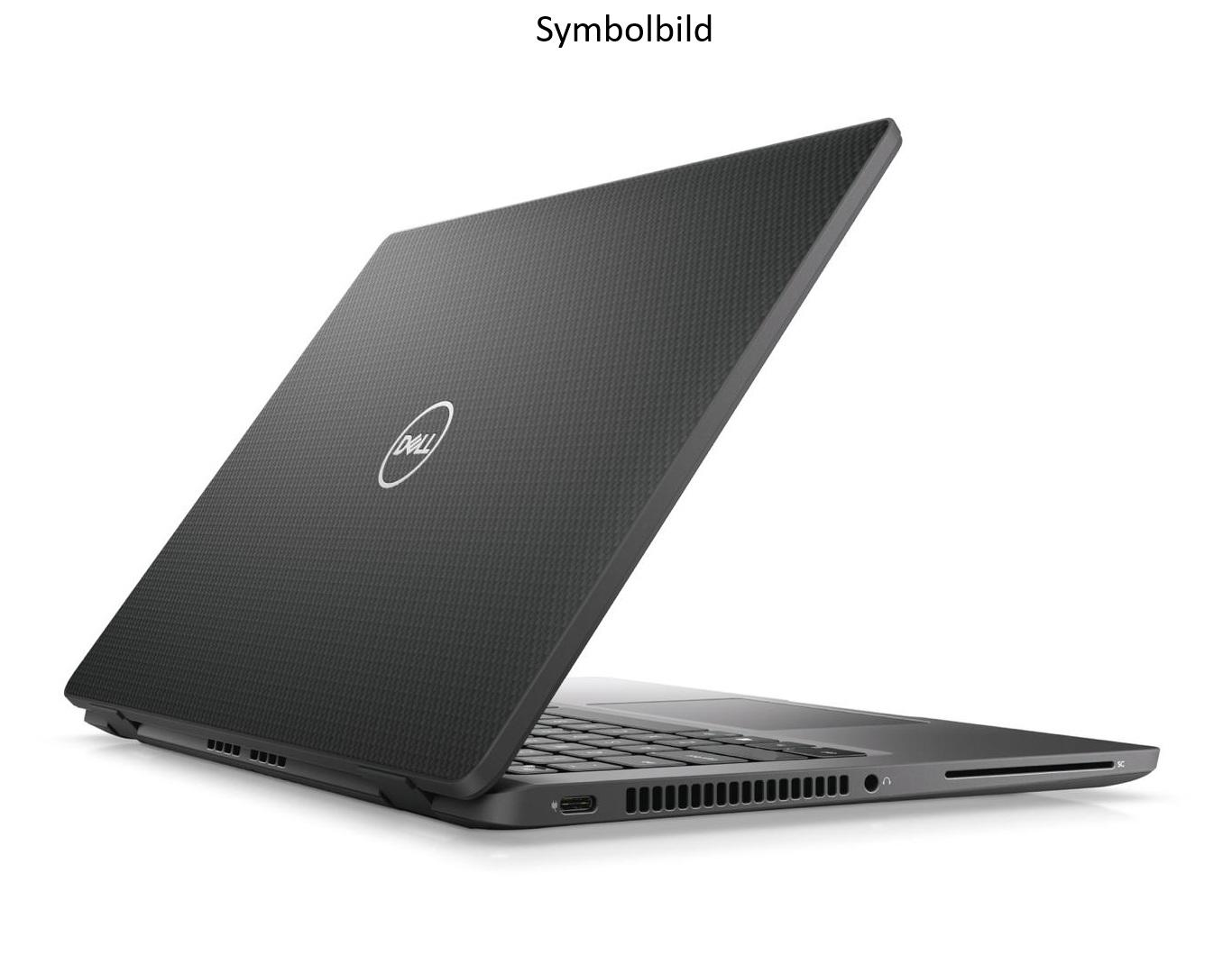 Ein dunkelgrauer Dell-Laptop ist auf weißem Hintergrund geöffnet. Das Dell-Logo ist sichtbar. Tastatur und Anschlüsse sind zu sehen.
