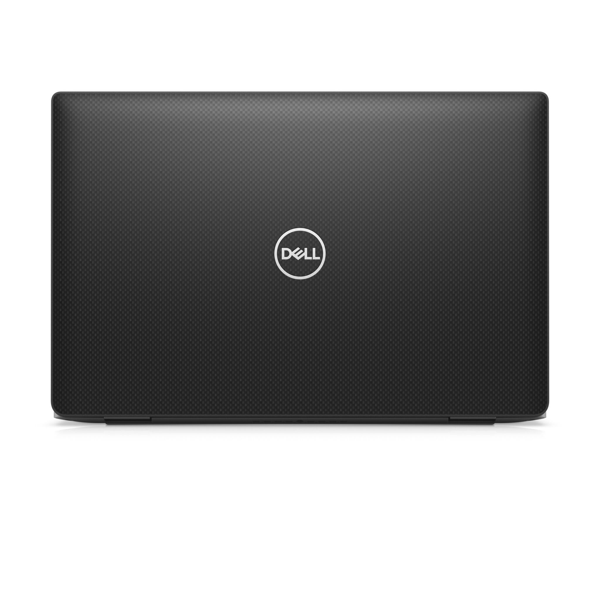 Geschlossener schwarzer Dell-Laptop mit strukturierter Oberfläche und Dell-Logo in der Mitte.