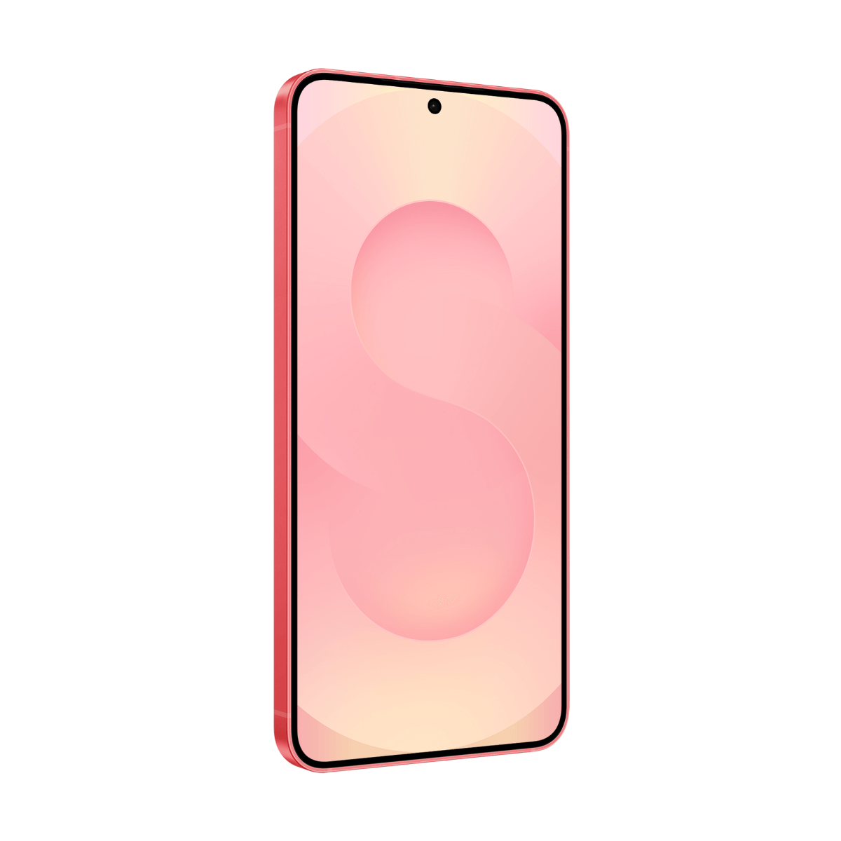 Różowy smartfon wyświetlany pod kątem. Ekran ma różowo-żółty gradient z kształtem litery S. Telefon ma czarną obwódkę.