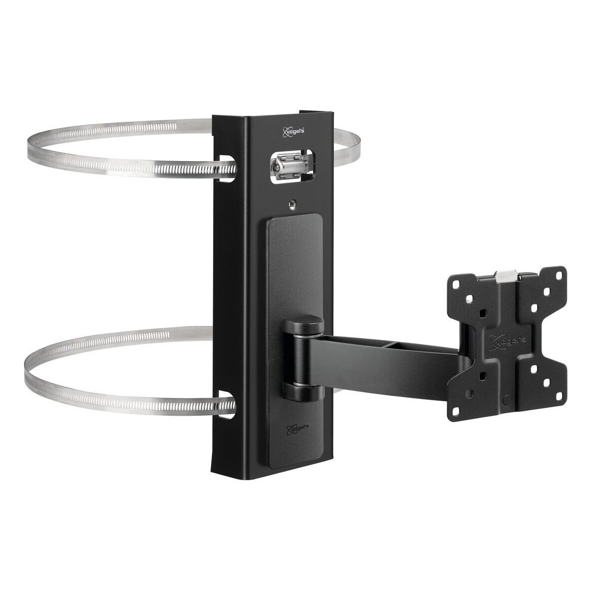 Schwarze Vogels TV-Wandhalterung mit silbernen Metallbändern. Die Halterung hat einen Arm und eine Halterung, bereit für die TV-Installation.