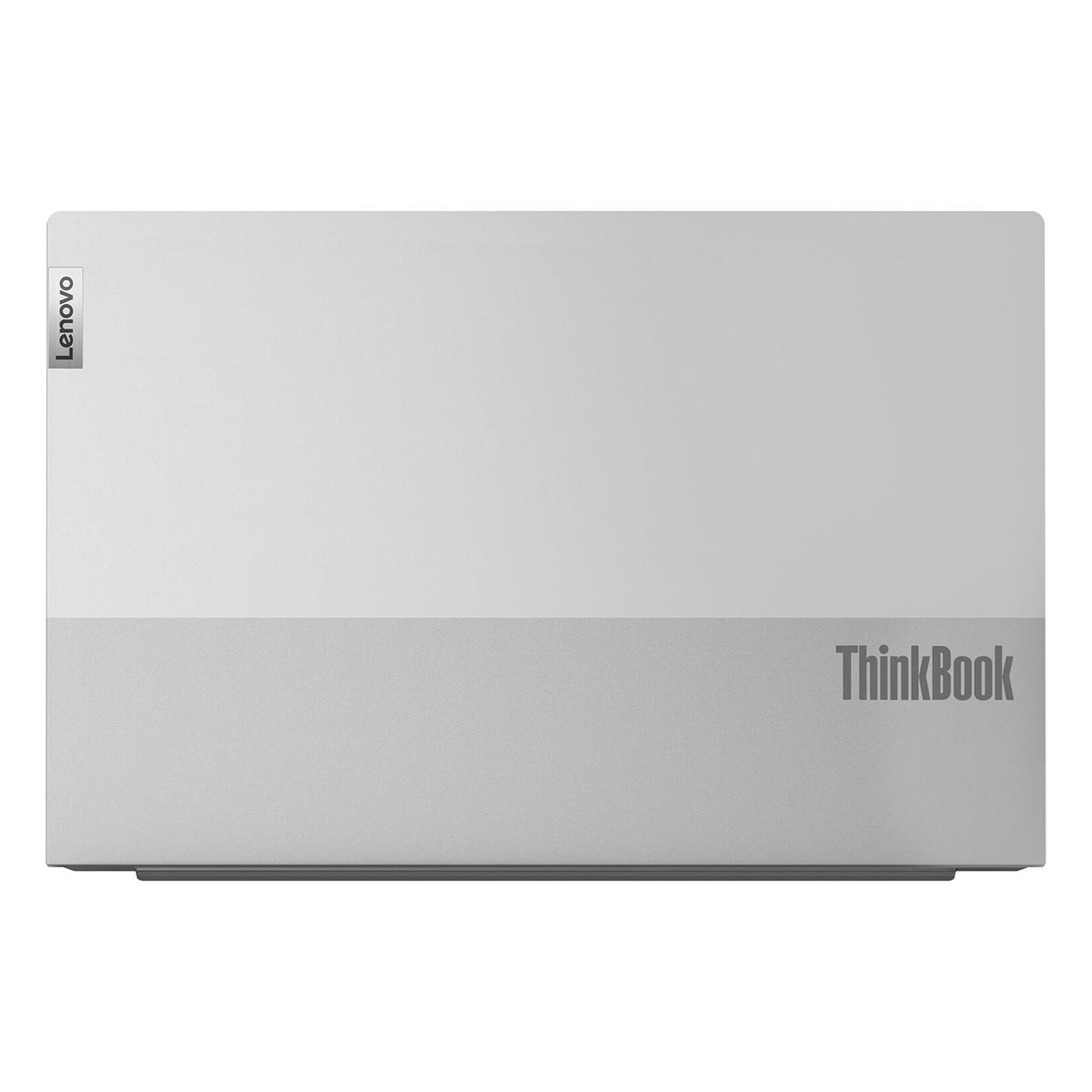 Laptop Lenovo ThinkBook w kolorze srebrnym. Górna połowa jest jaśniejsza, srebrna. Dolna połowa jest ciemniejsza, z logo ThinkBook.
