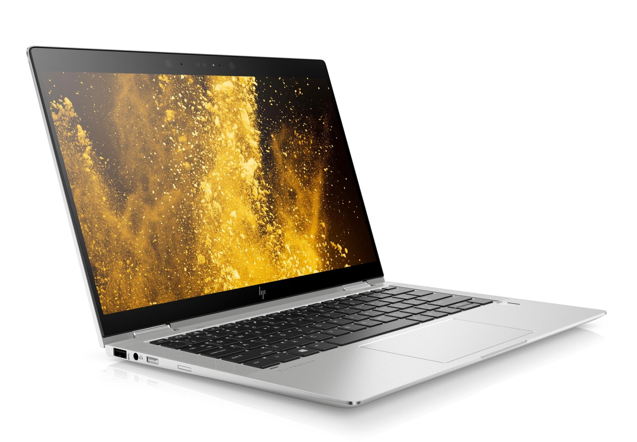 Silberner Laptop mit geöffneter schwarzer Tastatur, der einen goldenen Partikeleffekt auf dem Bildschirm zeigt. Weißer Hintergrund. HP-Logo sichtbar.