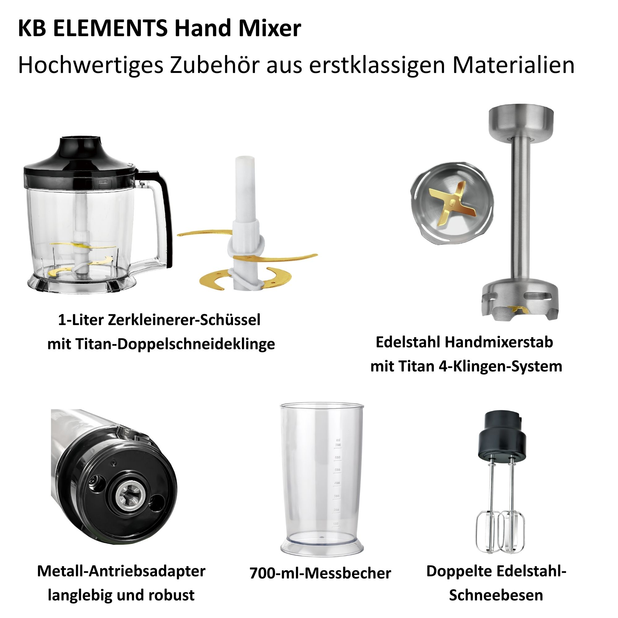 Handmixer mit mehreren Aufsätzen. Enthält Zerkleinerer, Schneebesen, Messbecher und Metallantriebsadapter.
