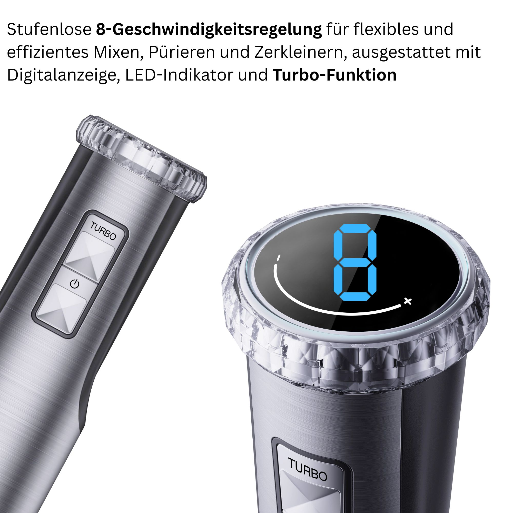 Ein Handmixer zeigt eine digitale Geschwindigkeitsanzeige und Tasten. Die Zahl 8 wird angezeigt. Der Mixer ist silber.