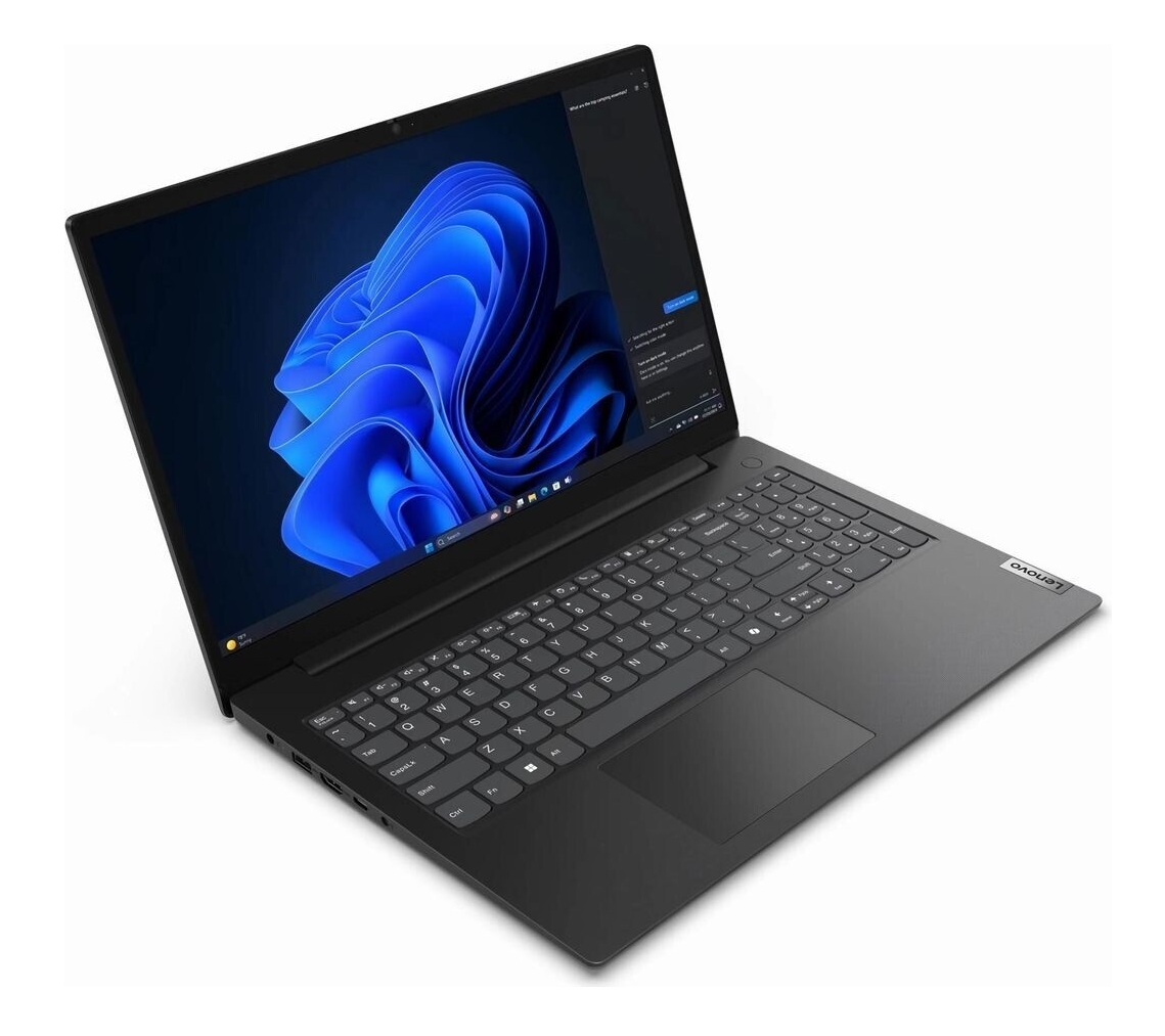 Schwarzer Lenovo-Laptop, geöffnet, zeigt einen Windows 11-Desktop mit blauem, abstraktem Bild. Tastatur und Touchpad sichtbar.