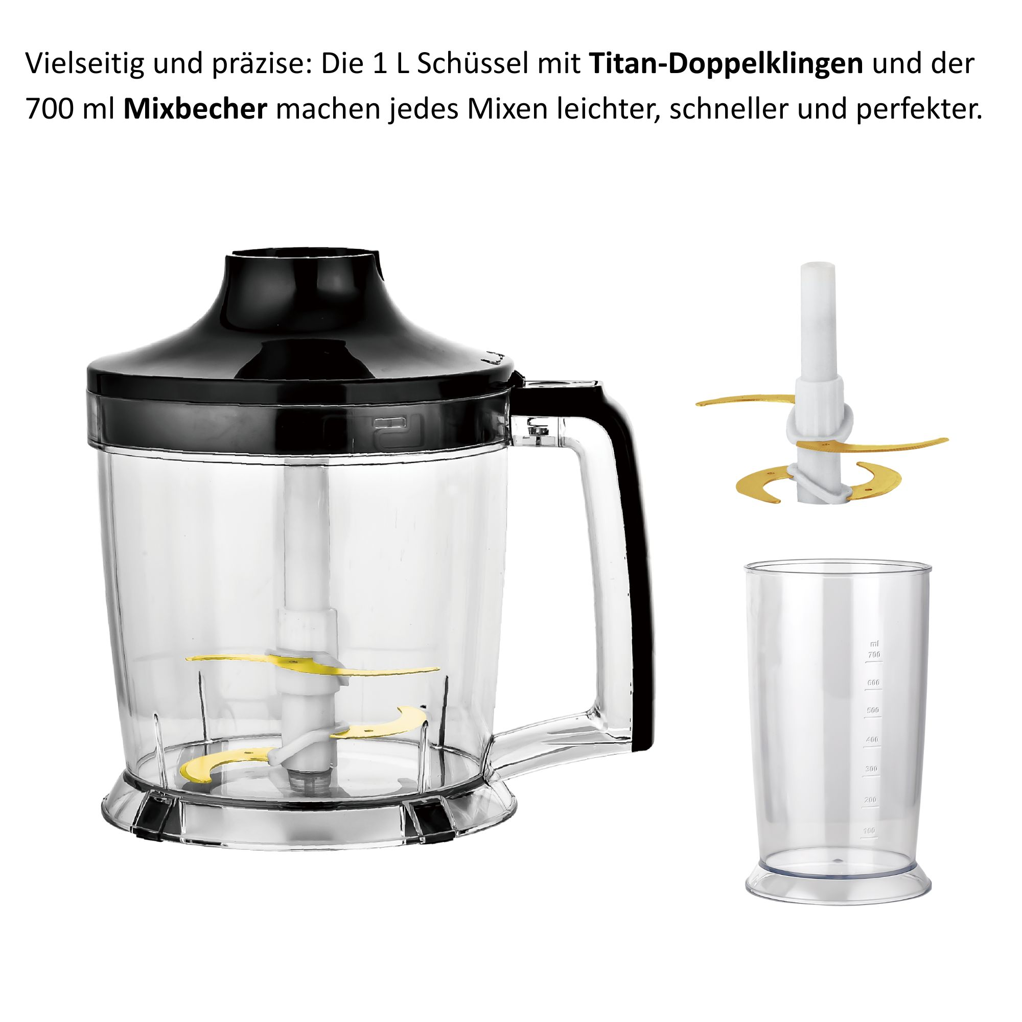 Ein Mixer-Set mit einem schwarzen Motor, einer durchsichtigen Schüssel und einem Messbecher. Klingen sind sichtbar. Das Set steht auf weißem Hintergrund.