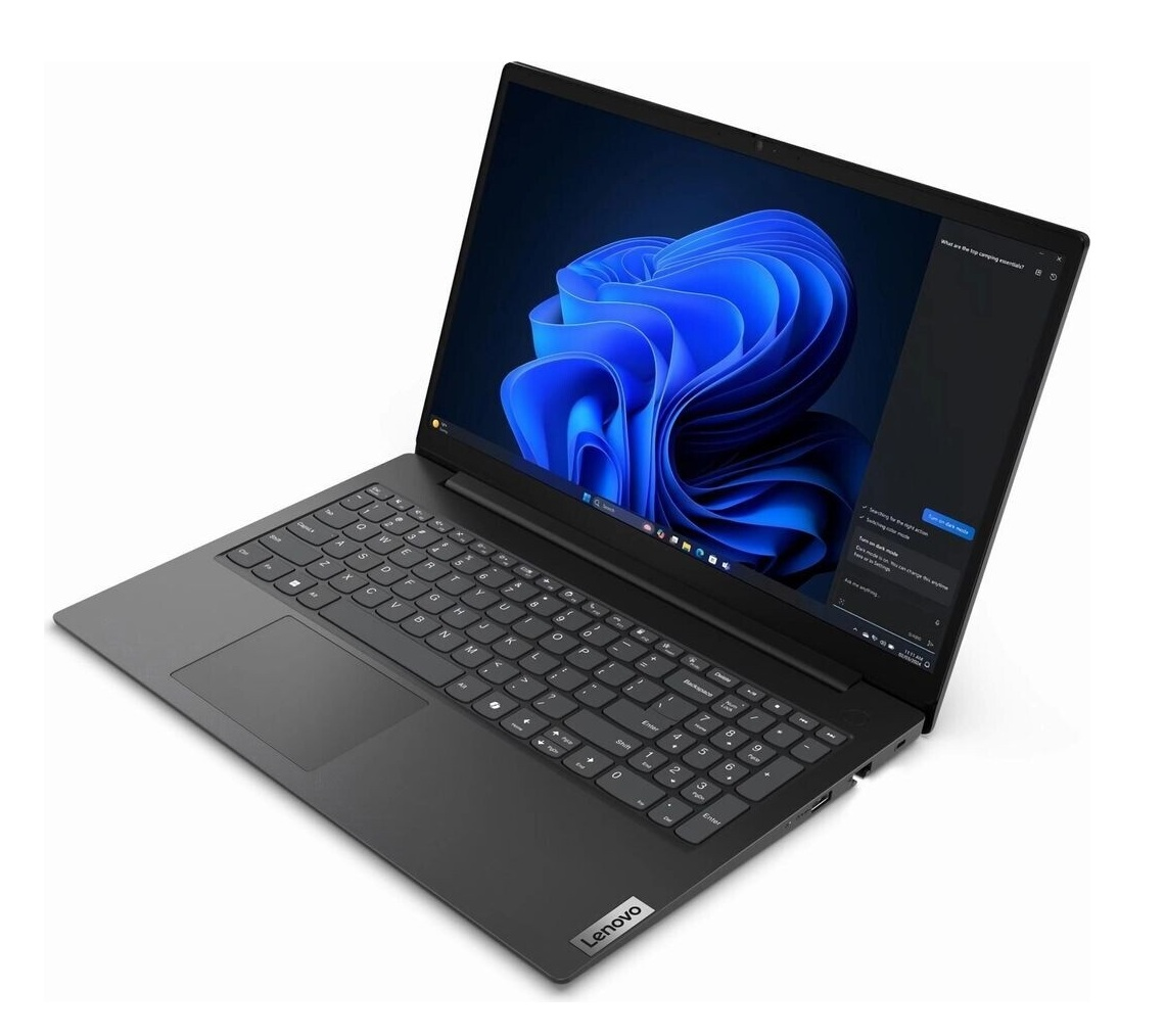 Ein Lenovo-Laptop ist geöffnet und zeigt ein blaues, abstraktes Bild auf dem Bildschirm. Die Tastatur ist sichtbar, und der Laptop steht auf einer weißen Oberfläche.