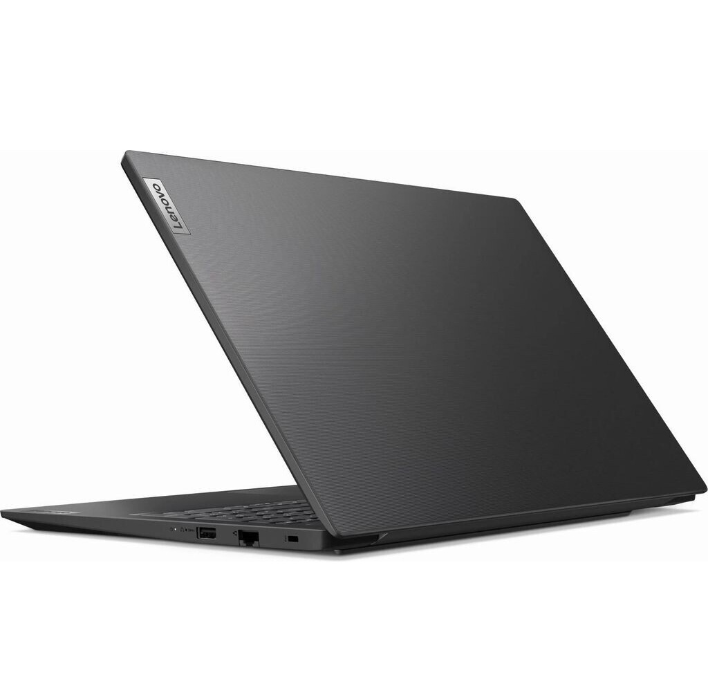 Ein schwarzer Lenovo-Laptop ist geöffnet und zeigt die Tastatur und den Bildschirm. Das Lenovo-Logo ist auf dem Deckel sichtbar. Der Hintergrund ist weiß.