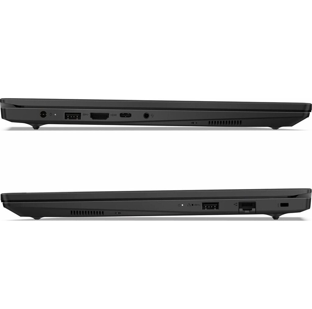 Zwei schwarze Laptops in Seitenansicht, mit Anschlüssen wie HDMI und USB. Beide haben Lüftungsschlitze und ein schlankes Design.