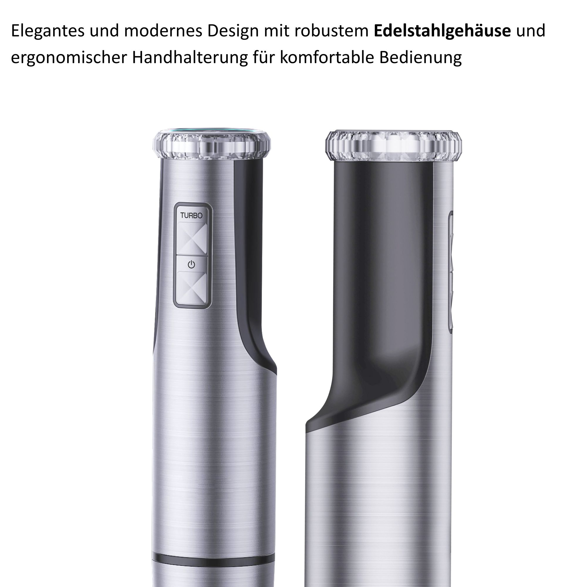 Zwei metallische Stabmixer. Einer zeigt Tasten mit der Aufschrift 'TURBO' und Power. Der andere ist schwarz.