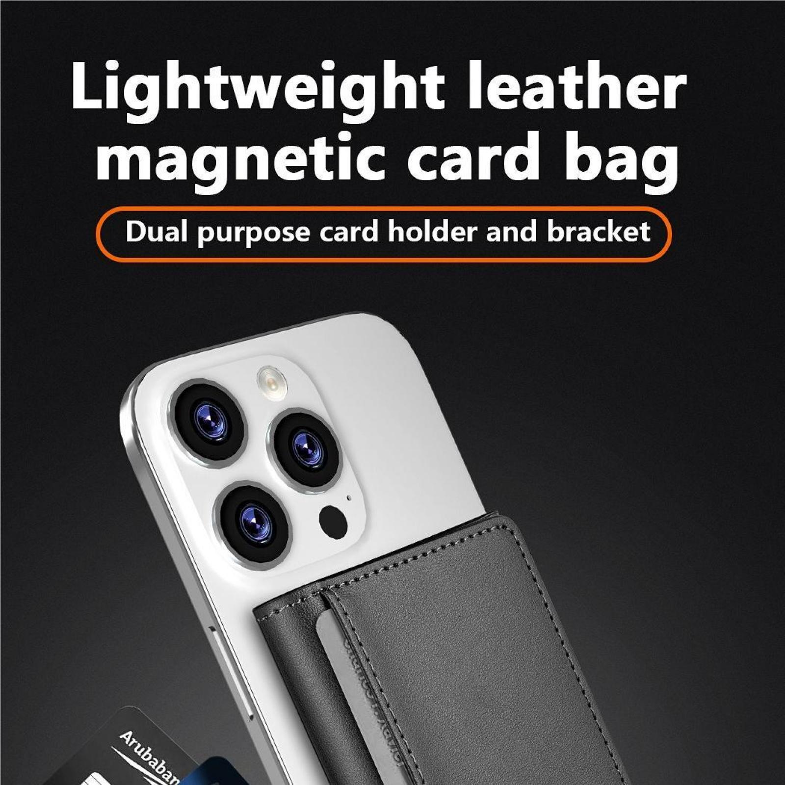 Ein Telefon mit Kartenhalter. Der Text oben lautet: Leichte magnetische Leder-Karten-Tasche.