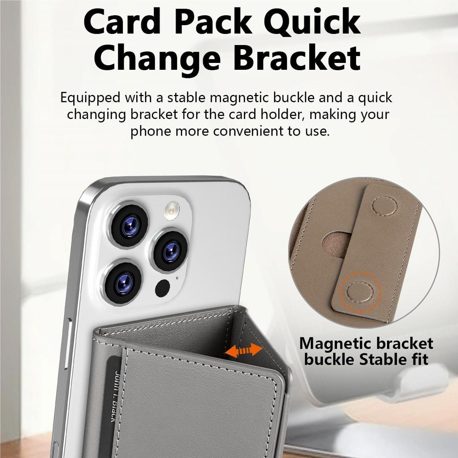 Telefon mit angebrachtem Kartenhalter. Text: Card Pack Quick Change Bracket, Magnetic bracket buckle Stable fit.