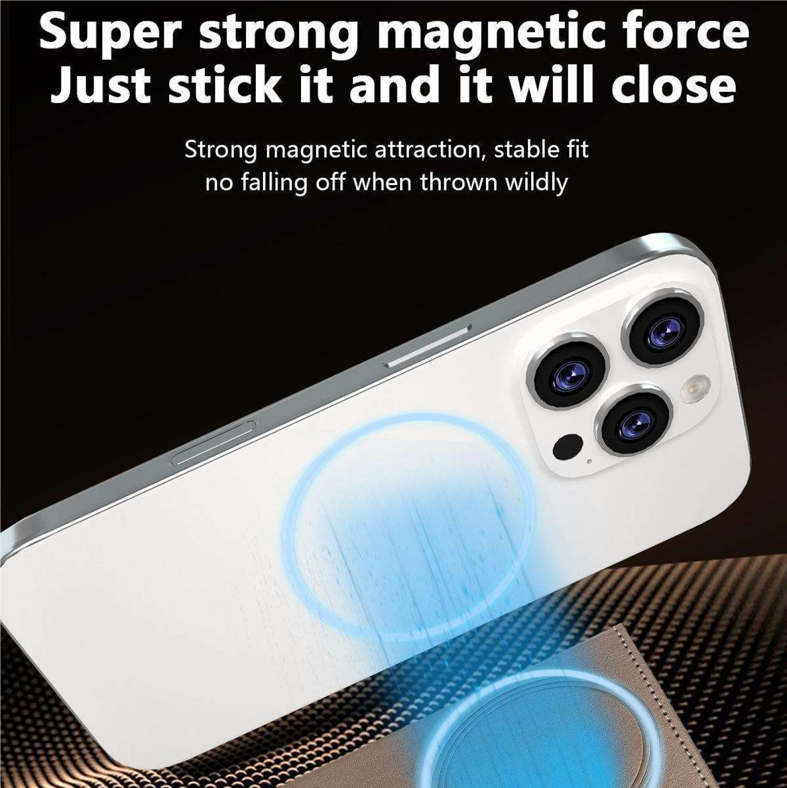 Ein weißes Telefon mit einem Magnetkreis wird gezeigt. Text sagt: 'Super starke Magnetkraft'.