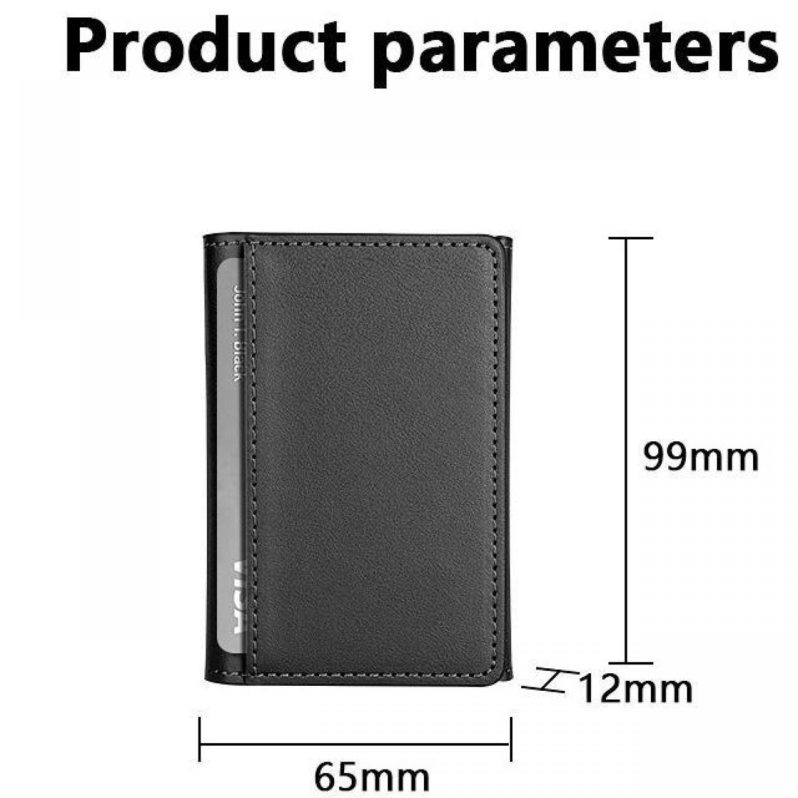 Schwarzes Portemonnaie mit den Maßen 65 mm x 99 mm x 12 mm. Text 'Produktparameter' oben. Karten darin.