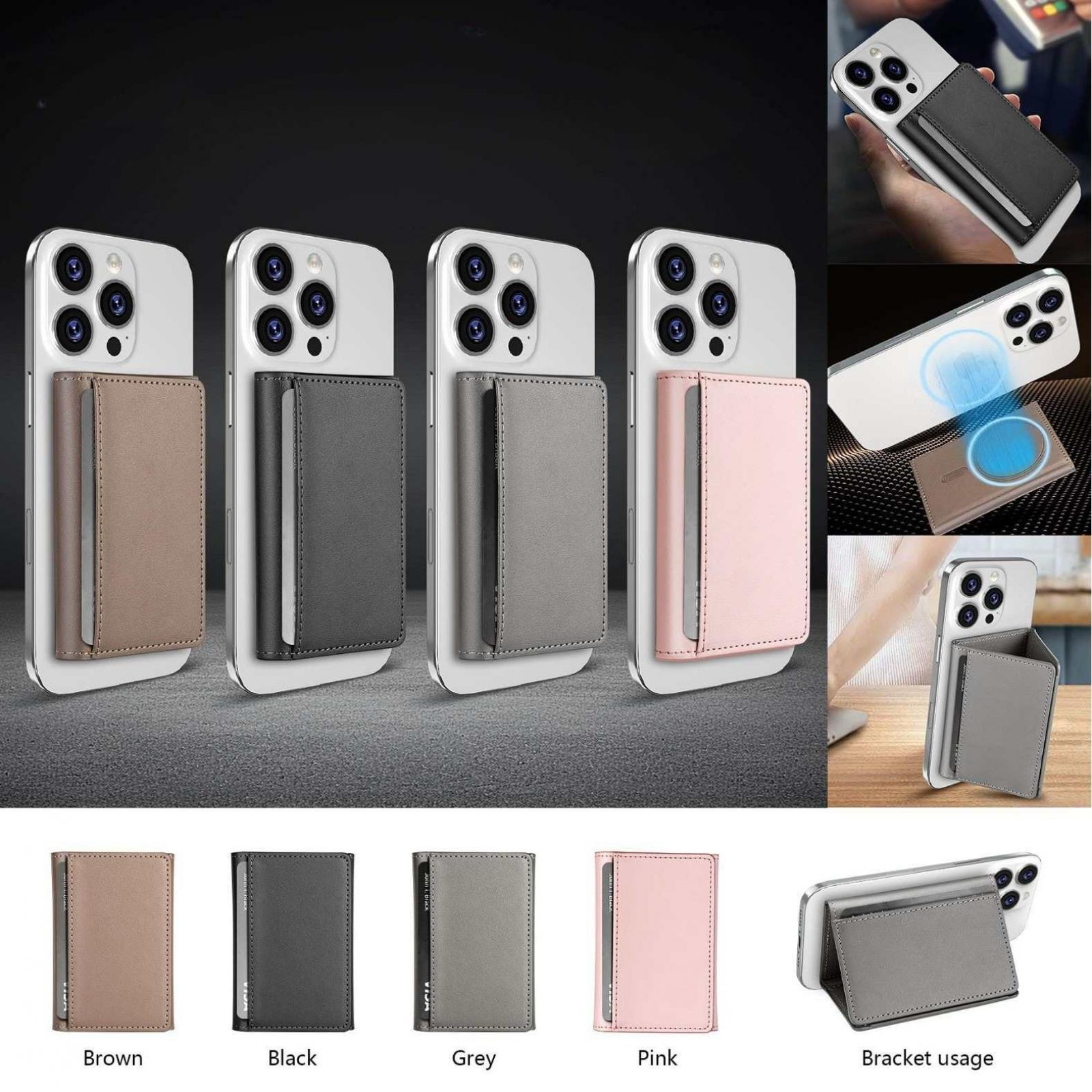 Das Bild zeigt mehrere Telefone mit Kartenhaltern in verschiedenen Farben: Braun, Schwarz, Grau und Pink. Außerdem ein Beispiel für die Verwendung von Halterungen.
