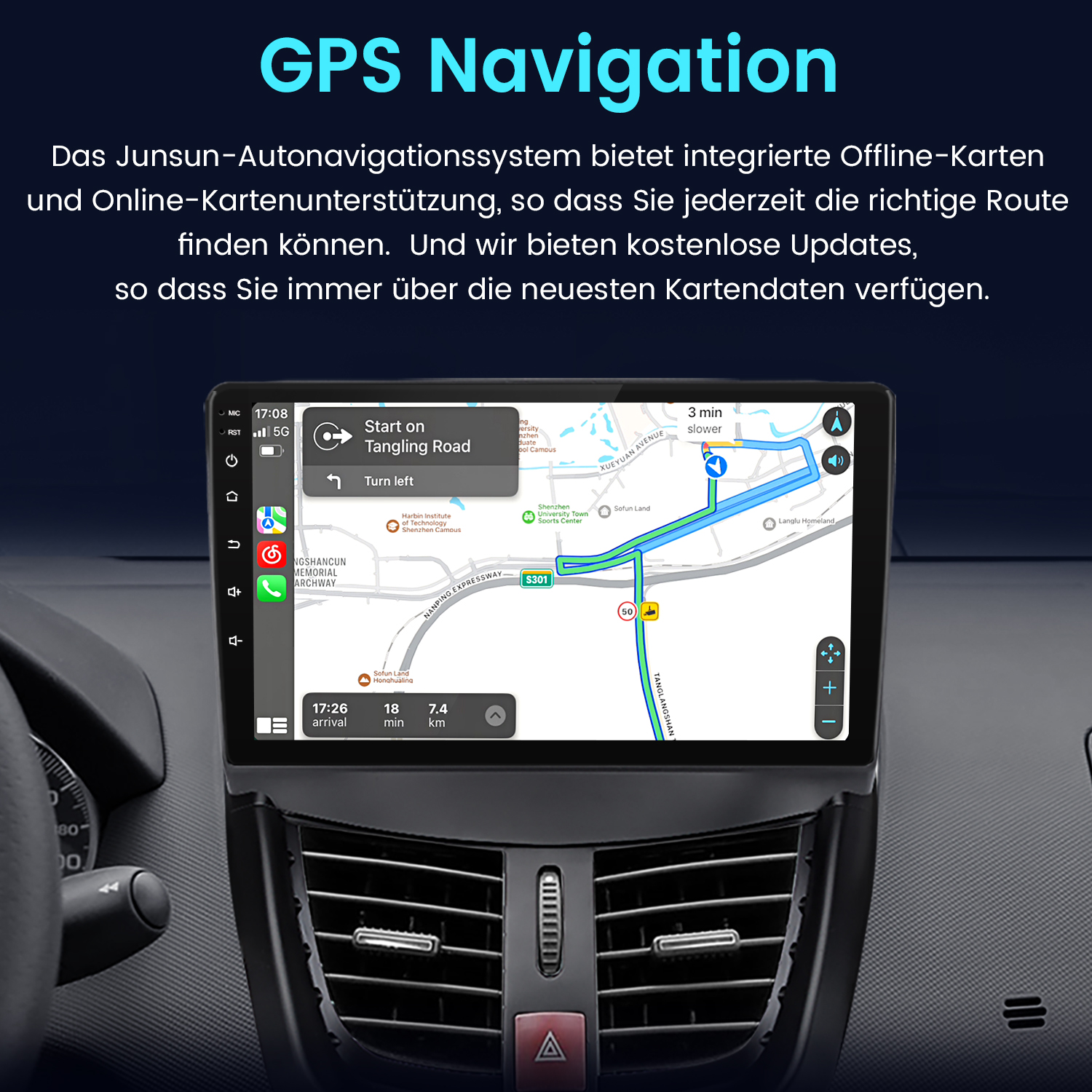 Autonavigationssystem-Bildschirm mit Karte und Wegbeschreibungen sowie Abbiegehinweis.