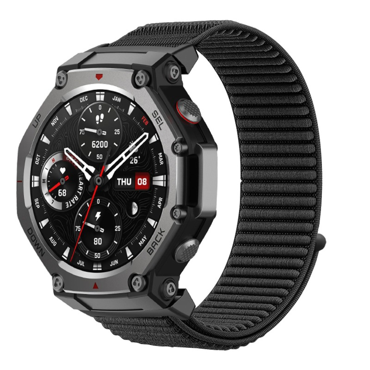 Primo piano di uno smartwatch con cinturino nero. Il quadrante mostra dati, tra cui frequenza cardiaca e ora. L'orologio ha una finitura metallica.