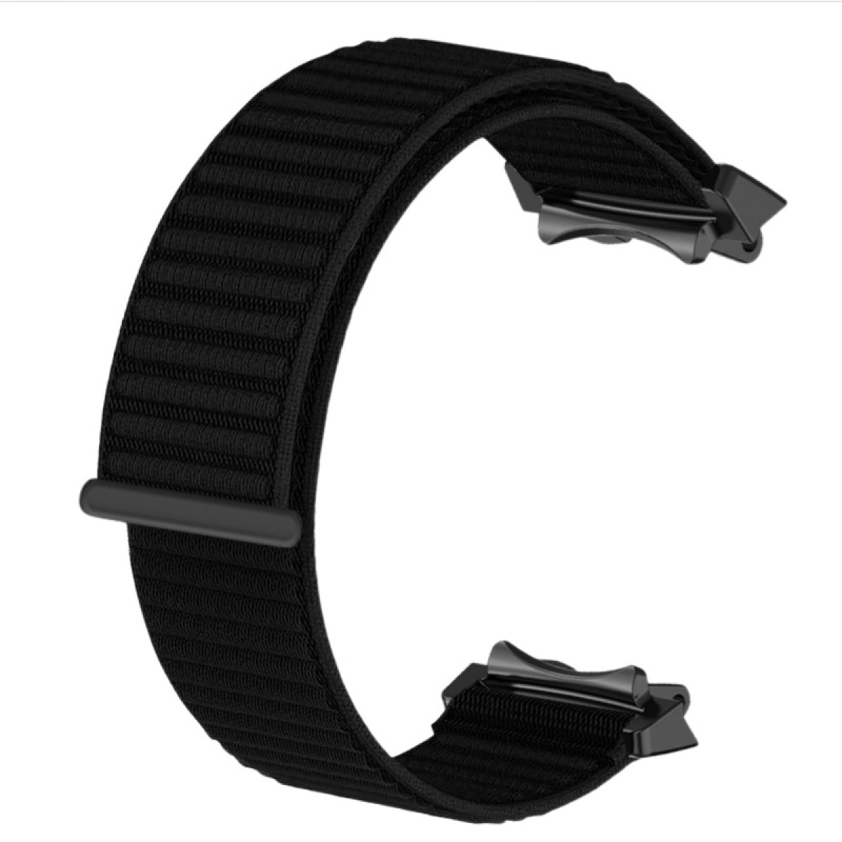 Un cinturino nero, curvo a forma di C. Ha un aspetto in tessuto strutturato e chiusure in metallo alle estremità.
