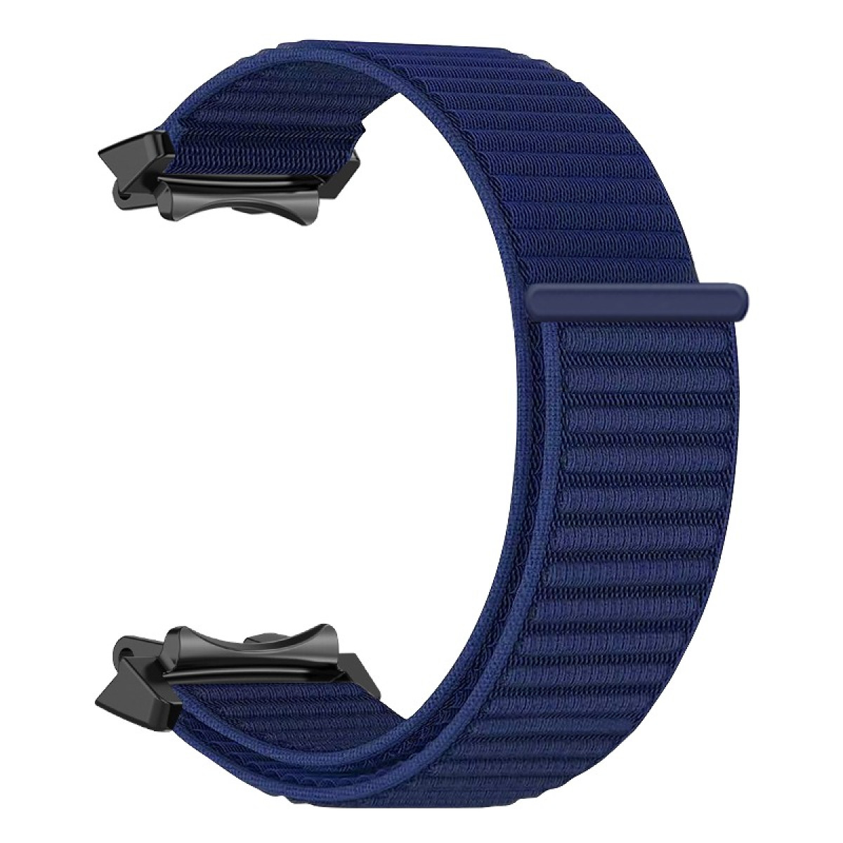Un cinturino per orologio in tessuto blu scuro con chiusure nere. Il cinturino è curvo. Lo sfondo è bianco.