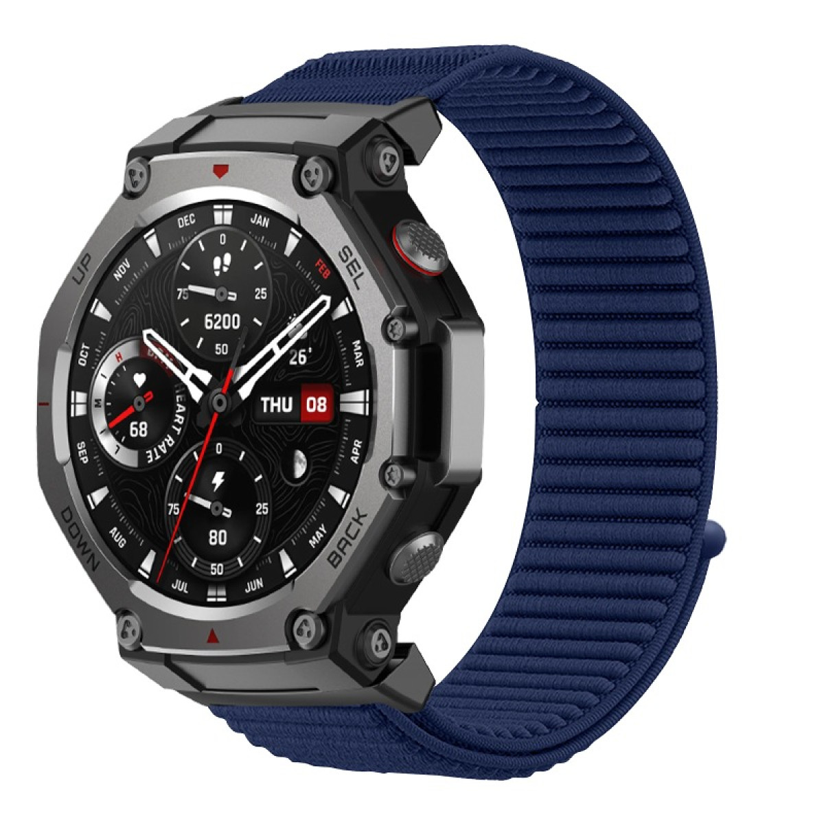Uno smartwatch con cassa grigio scuro e cinturino blu navy. Il quadrante mostra ora, frequenza cardiaca e data.