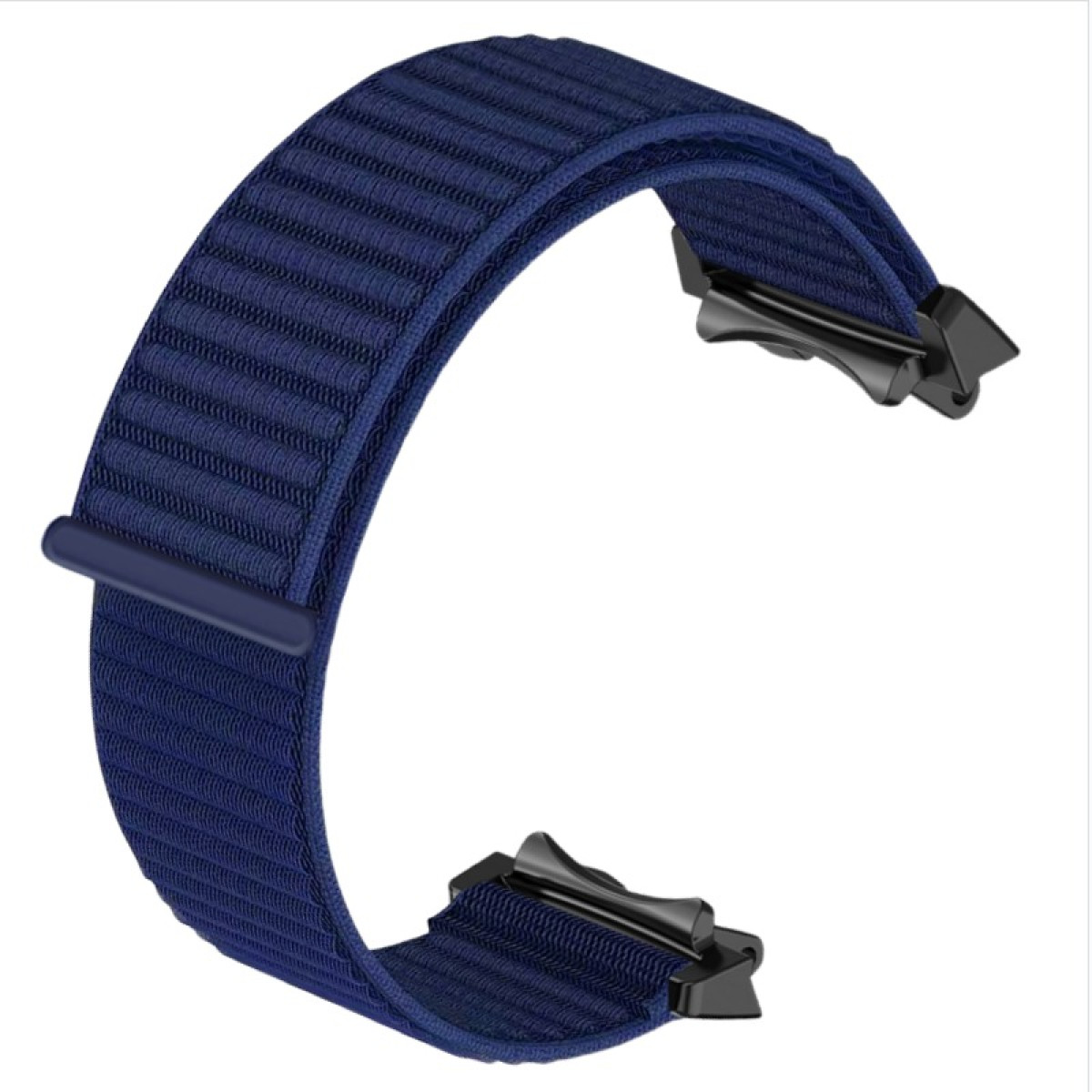 Un cinturino blu navy, curvo, con tessuto strutturato e connettori neri. Lo sfondo è bianco.