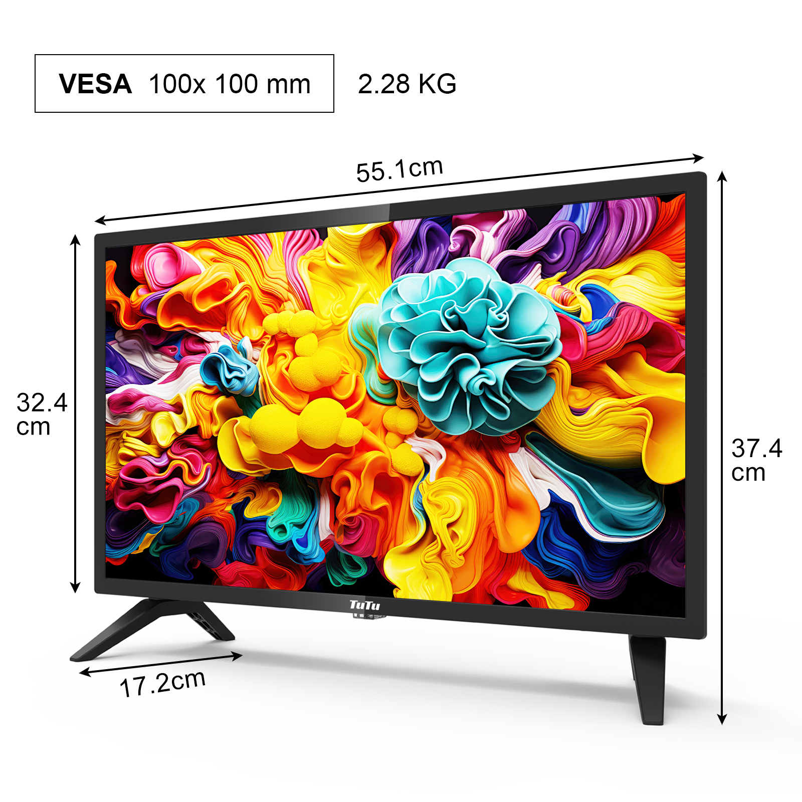 Ein Fernseher mit farbenfroher abstrakter Kunst auf dem Bildschirm. Maße und Spezifikationen sind angegeben.