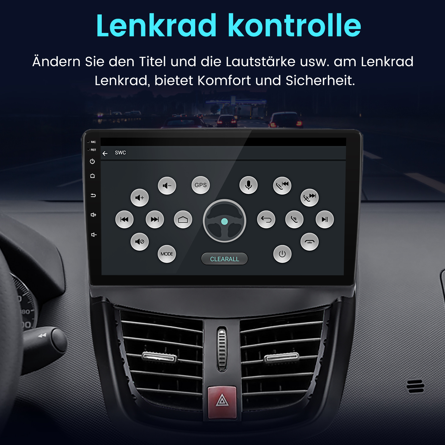 Auto-Armaturenbrett mit Multimedia-Bildschirm, Steuerungstasten, Lenkrad und Lüftungsschlitzen. Im Hintergrund eine Straße.