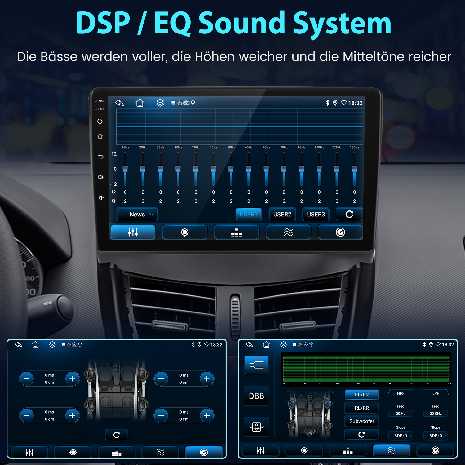 Auto-Audiosystem-Schnittstelle mit Equalizer, Lautsprechereinstellungen und Subwoofer-Steuerung. Zeigt Frequenzeinstellungen an.