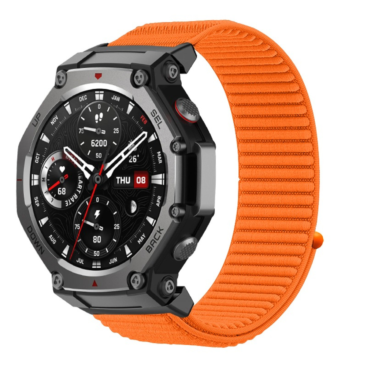 Eine Smartwatch mit schwarzem und grauem Rahmen, schwarzem Zifferblatt und einem orangefarbenen Stoffband. Das Zifferblatt zeigt Datum und Uhrzeit an.