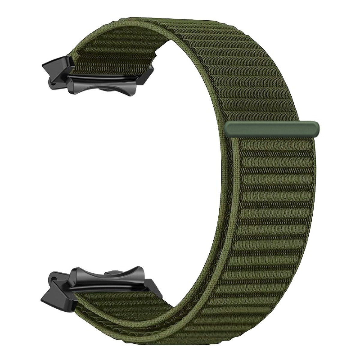 Ein olivgrünes Uhrenarmband. Es hat ein geriffeltes Gewebe und schwarze Kunststoffverschlüsse an beiden Enden. Ein kleiner grüner Balken sichert das Armband.