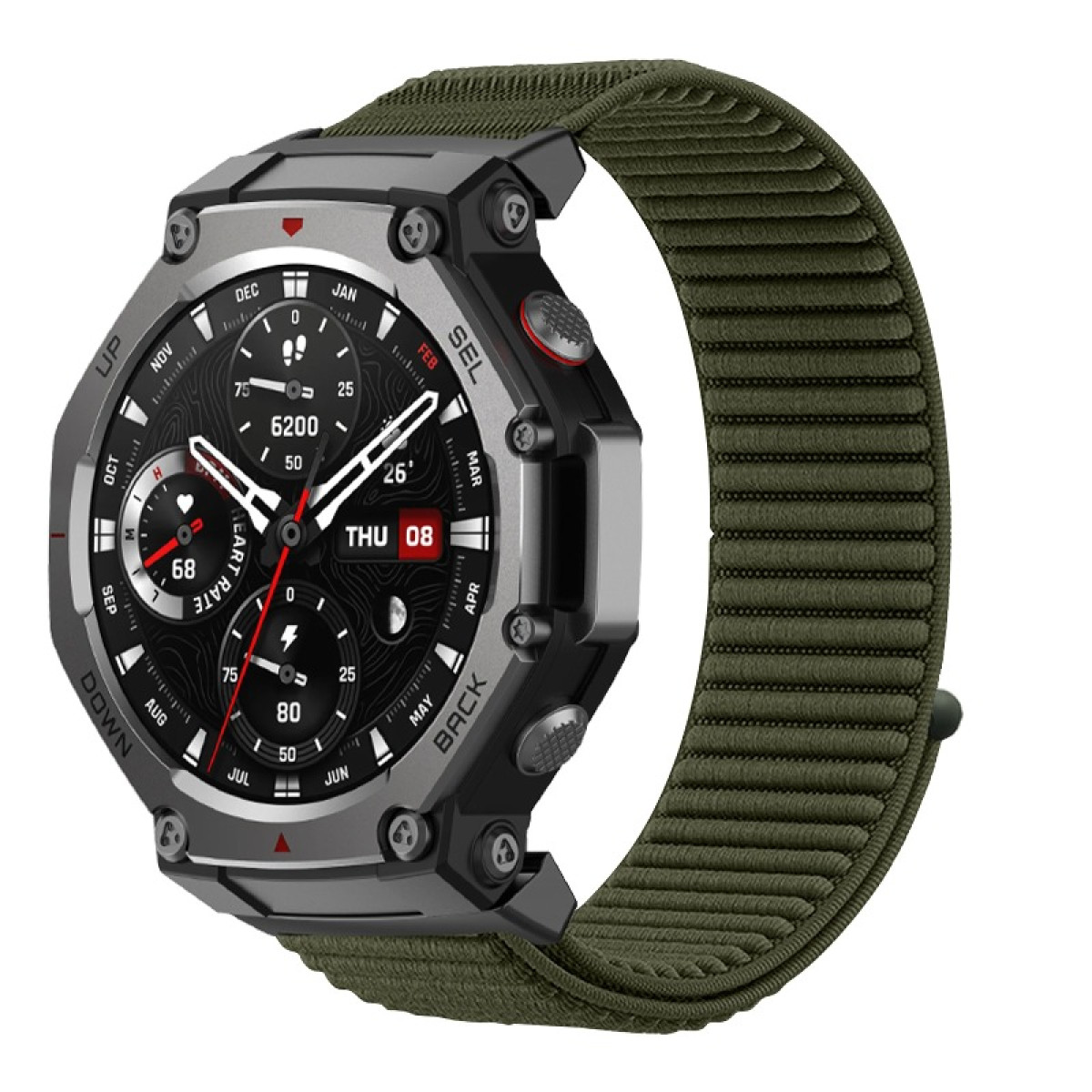 Eine moderne Smartwatch mit dunklem Metallgehäuse, schwarzem Zifferblatt mit Daten und einem grünen Stoffarmband. Die Uhr zeigt Gesundheitsdaten.