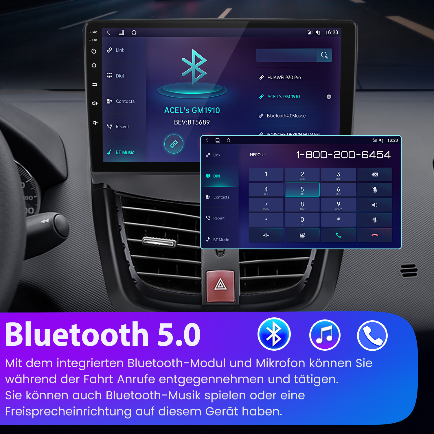 Auto-Touchscreen mit Bluetooth 5.0 Info. Zeigt eine Telefontastatur und ein Bluetooth-Verbindungssymbol.
