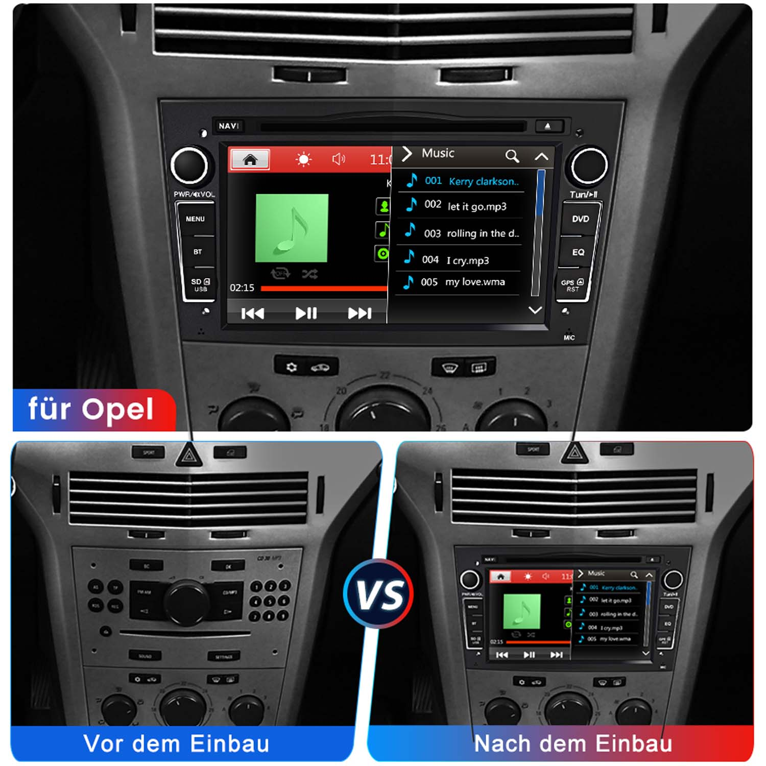 Autoradio-Vergleich: Vorinstallation (links) und Nachinstallation (rechts), mit Musikoberfläche auf dem Bildschirm.